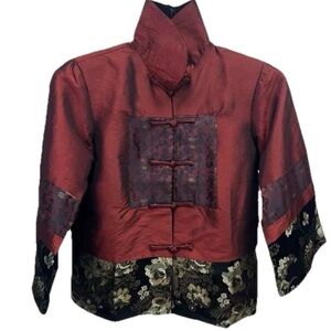 Women's Red Mandarin-Style Jacket with Floral Satin Trim